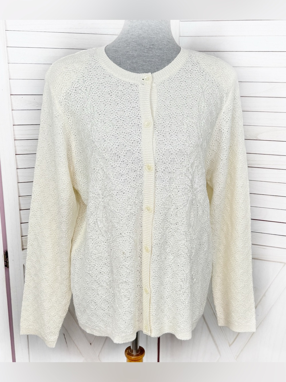 Alfred Dunner Beaded Pointelle Knit Cardigan Sweater Cream Medium Grandma Cottag